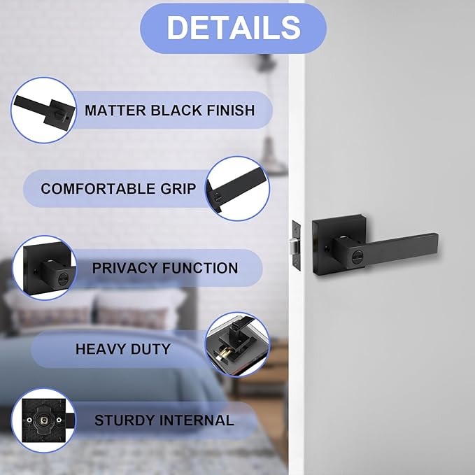 Privacy Door Levers, 10 Pack Matte Black Door Handles Heavy Duty Bed and Bath Door Locks Interior Keyless Locksets, Reversible for Left Right Handed Doors