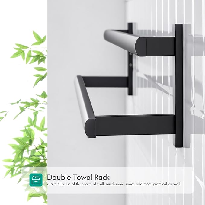 BAGNOLUX Double Towel Bar, SUS304 Towel Racks for Bathroom Wall Mounted 2-Tiers Ladder Towel Rails, Space Saving Bathroom Towel Holder Shelves Rack, Long Towel Hanger (32"-Square-Matte Black)