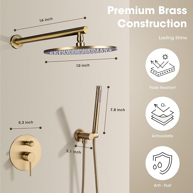 TRUSTMI Brushed Gold Shower System Pressure Balance 10 Inch Rainfall Shower Set with Brass Rough-In Diverter Valve and Trim Kit, Wall Mounted