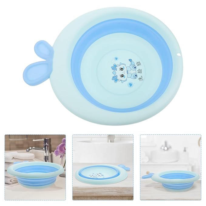 Collapsible Bath Tub and Foldable Sink Basin for Newborns, Blue Cartoon Dragon Design, Lightweight Plastic Wash Basin for Bottles and Outdoor Camping