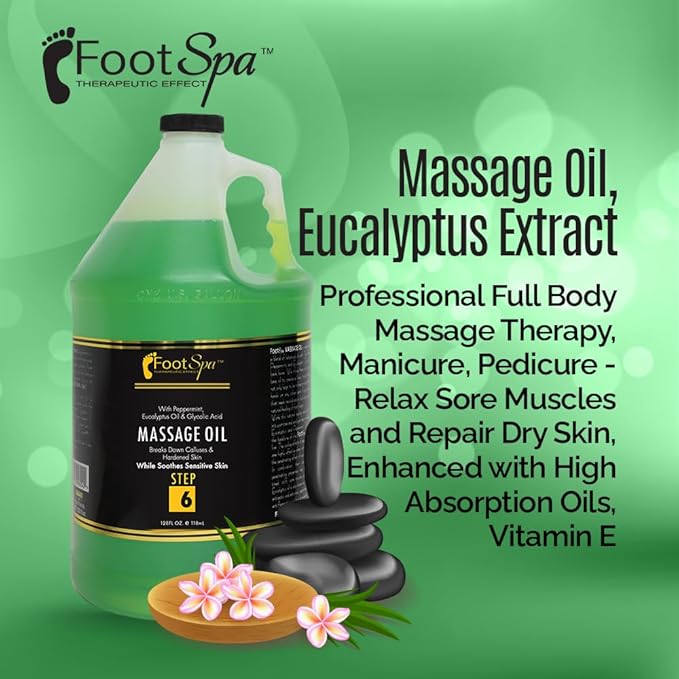 Foot SPA - Massage Oil, Eucalyptus Extract, 128 Oz - Professional Full Body Massage Therapy, Manicure, Pedicure - Relax Sore Muscles and Repair Dry Skin, Enhanced with High Absorption Oils, Vitamin E