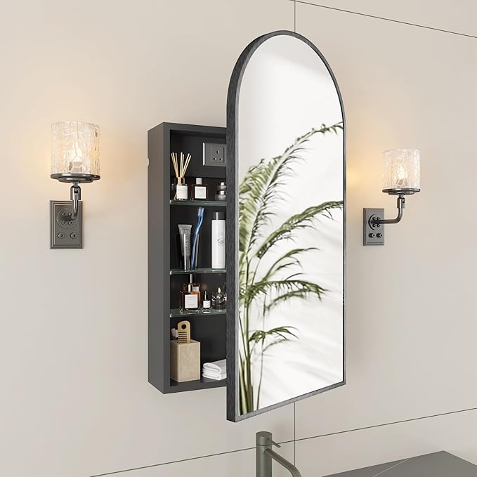 FKWin Medicine Cabinet Mirror with Power Outlet, Black Bathroom Mirror Medicine Cabinet for Left or Right Opening, not Recessed, Ample Vanity Mirror with Storage for Homeowner, Black, 20x34 inch