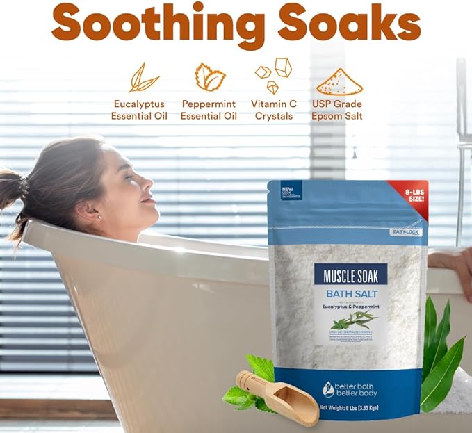 Muscle Soak Bath Salt 128 Ounces Epsom Salt with Natural Peppermint and Eucalyptus Essential Oils Plus Vitamin C in BPA Free Pouch with Easy Press-Lock Seal