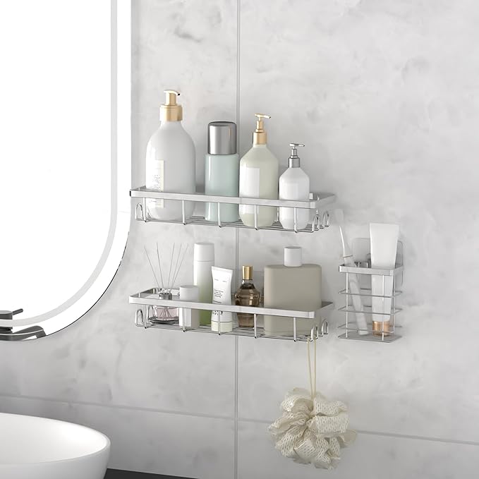 Shower Caddy Organizer with Hooks,Self Adhesive Bathroom Shelves,Shower Shelves,No Drilling Bathroom Organizers and Storage,Perfect for RV, Apartment, Home Decor,Silvery 3PK