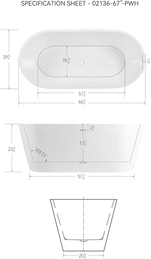 FerdY 67" Shangri-La Elite, Acrylic Freestanding Bathtub, Modern & Contemporary Design Soaking Tub with Polished White Drain Pop-Up Drain and Minimalist Design Overflow, cUPC Certified
