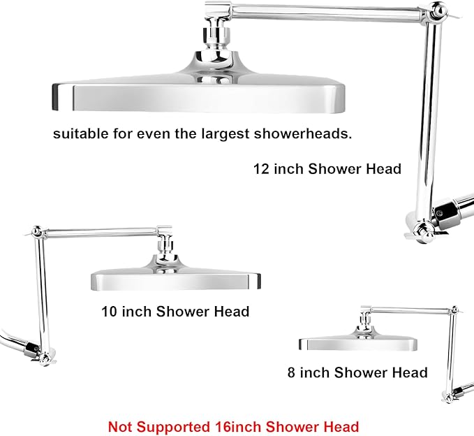 Shower Head Extension Arm, 16 Inch Solid Brass Adjustable Extender with Lock Joint, Height & Angle Adjustable Shower Arm for Rainfall or Fixed Shower Head, G1/2 Connector (Chrome)