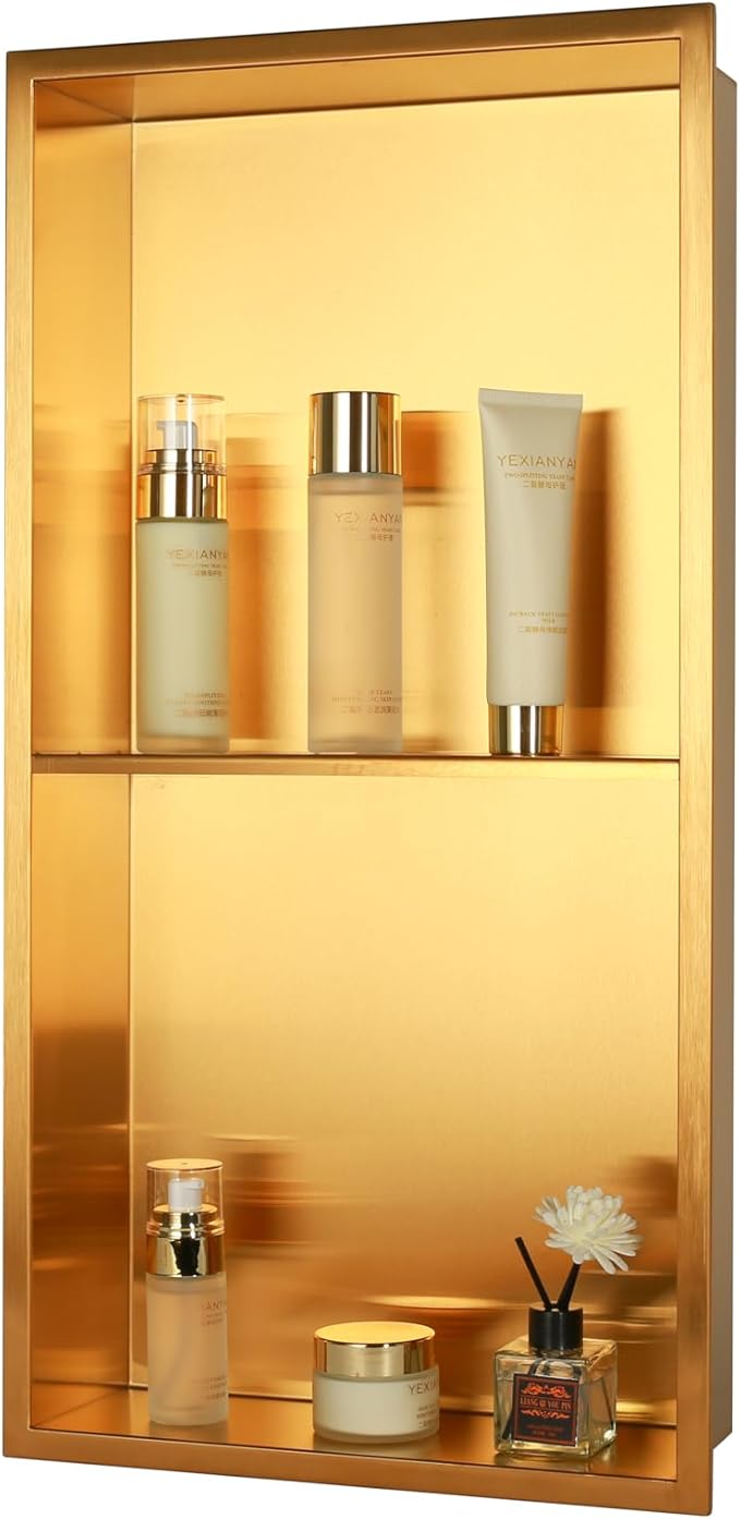 Non Tile Tube Niche Boxes for Showers,Bathroom Niche Double Shelves,Stainless Steel(Gold, 24 * 12 in)