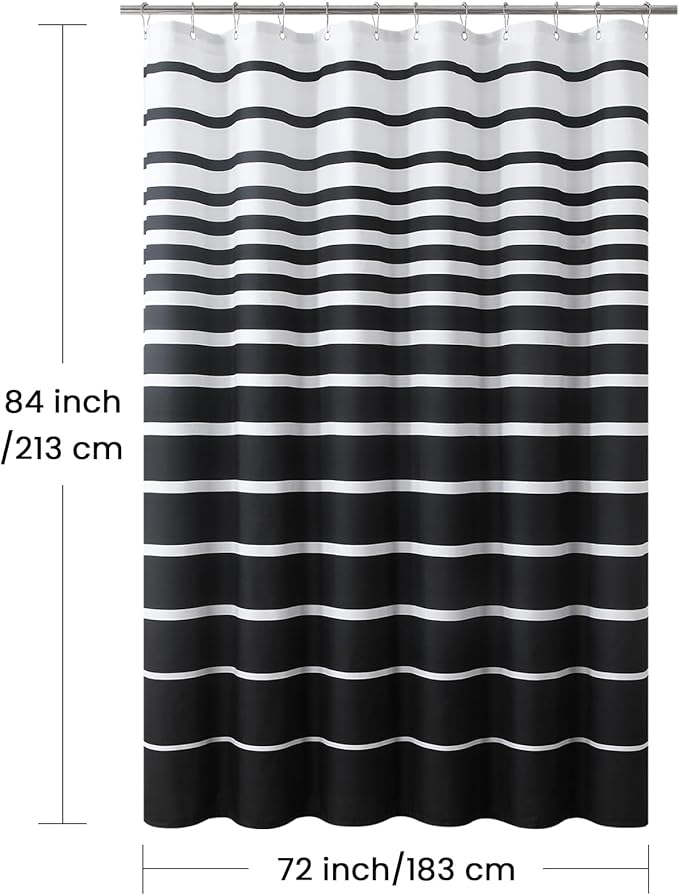 Extra Long Black Shower Curtain, Modern Black and White Stripe Waterproof Polyester Shower Curtains for Bathroom, 72x84 Inches