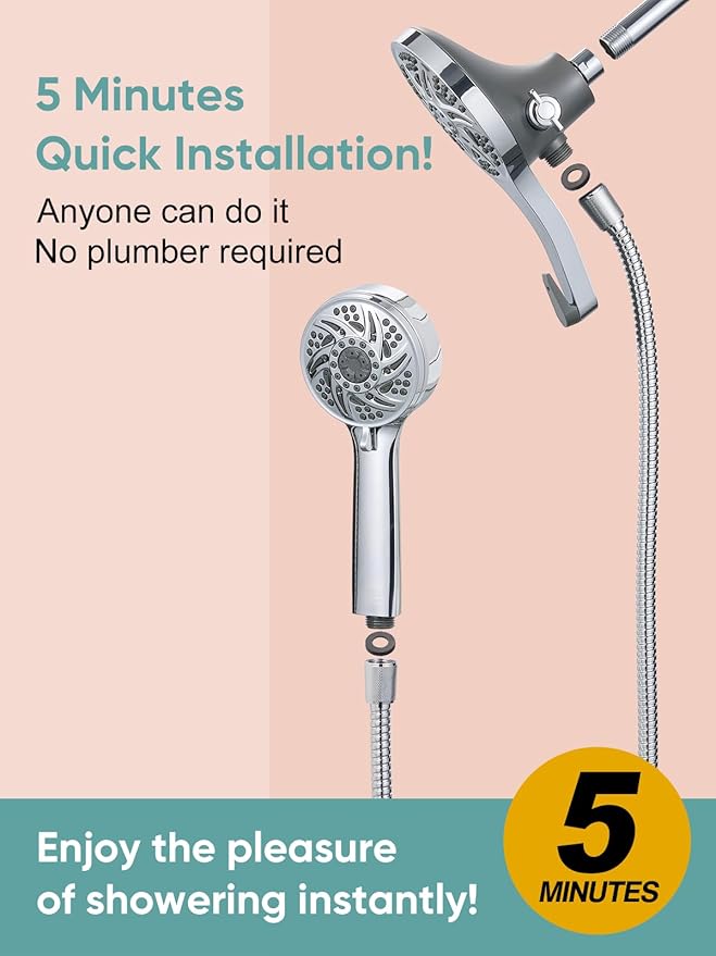 Cobbe High Pressure 3-Way Shower Head Combo, Hand Held Shower & Rain Shower Separately or Together, Dual 2 in 1 Showerhead with Stainless Steel Hose - Chrome