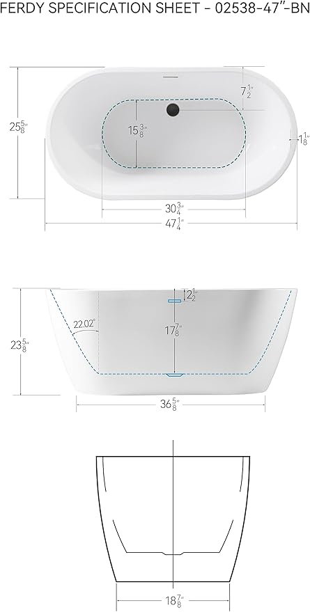 FerdY 47" Bali Acrylic Freestanding Bathtub with Headrest, Gracefully Shaped Soaking Bathtub, cUPC Certified, Toe-Tap Matte Black Drain &Minimalist Linear Design Overflow& Bath Pillow Included