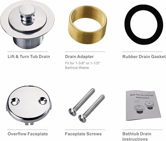 Chrome Tub Drain Lift &Turn Tub Trim Set with Two-Hole Overflow Faceplate Conversion Kit Assembly, Hidrop Bathtub Drain Replacement Trim Kit and Universal Fine/Coarse Thread, Chrome Plated