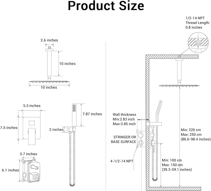 Ceiling Mount Shower Faucet Set Square Showerhead Bathroom Rainfall Shower System Stainless Steel Shower Trim Kit 10 Inches (Brush Nickel)