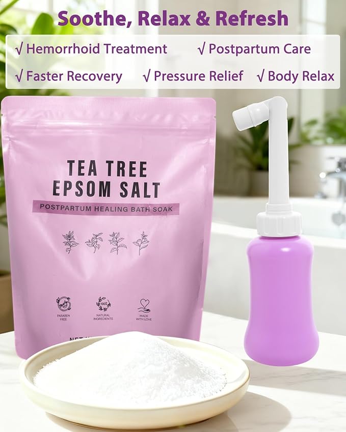 Peri Bottle Sitz Bath Salts Set - New Portable Bidet and Sitz Bath Soak for Postpartum Care, Hemorrhoid Treatment Comfort Relief Faster Recovery