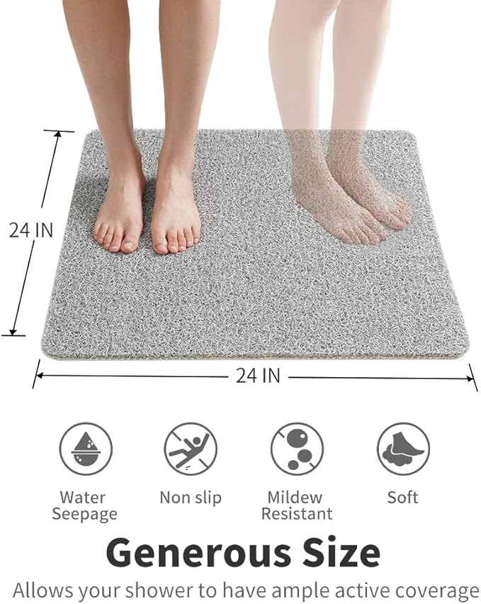 Non Slip Shower Mat, Comfortable Bath mat for Textured Surface,Quick Drying Easy Cleaning Shower Floor Mat for Wet Area,Without Suction Cups 24x24 Lightgrey