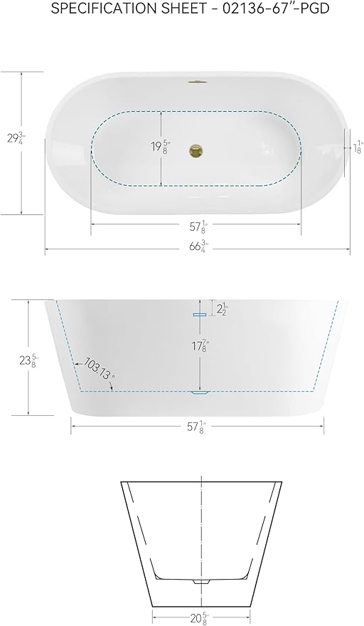 FerdY 67" Shangri-La Elite, Acrylic Freestanding Bathtub, Modern & Contemporary Design Soaking Tub with Polished Gold Drain Pop-Up Drain and Minimalist Design Overflow, cUPC Certified
