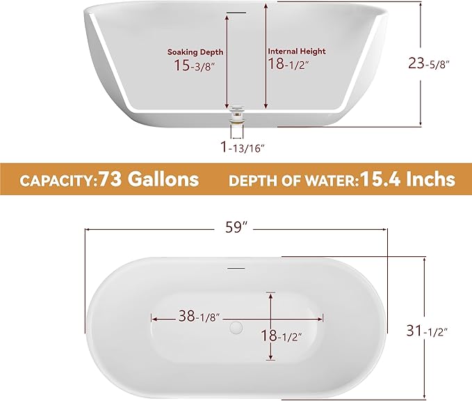 59" Free Standing Tub, Pure Acrylic Freestanding Bathtub, Stylish Stand Alone Contemporary Deep Soaking Bath Tub, cUPC Certified SY6850 (Glossy White)