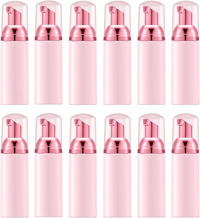 2 Oz Foam Pump Bottle (12PCS). Empty Foaming Soap Dispenser for Refillable Travel Liquid Hand Soap, Body Wash, Eyelash Shampoo. BPA Free Mini Pocket Size(Light Pink&Rose Red)