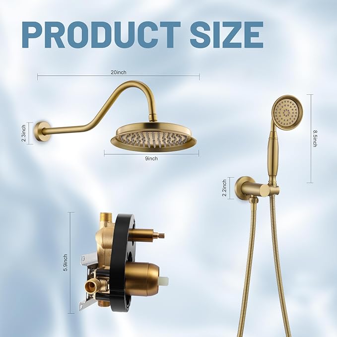 Antique Shower Head Faucet Set,Brushed-Gold Vintage Wall Mount Shower Faucets Combo With Handheld Spray,Bathroom Rainfall Shower System Trim Kit With Brass Pressure Balance Valve & 9''Shower Head