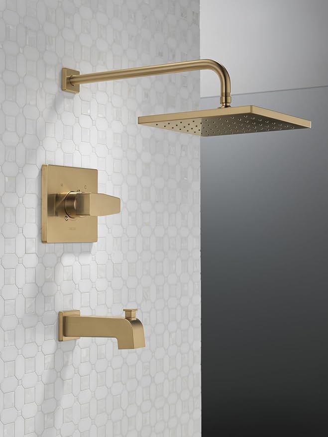 Delta Faucet Modern Raincan Square Single-Function Tub and Shower Trim Kit Gold, Tub Faucet Set, Rainfall Shower Head Gold, Delta Shower Kit, Champagne Bronze T14468-CZ-PP (Valve Not Included)