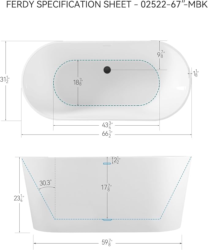 FerdY Shangri-La 67" Acrylic Freestanding Bathtub, Classic Oval Shape Acrylic Soaking Bathtub with Matte Black Drain & Minimalist Linear Design Overflow, Modern White, cUPC Certified