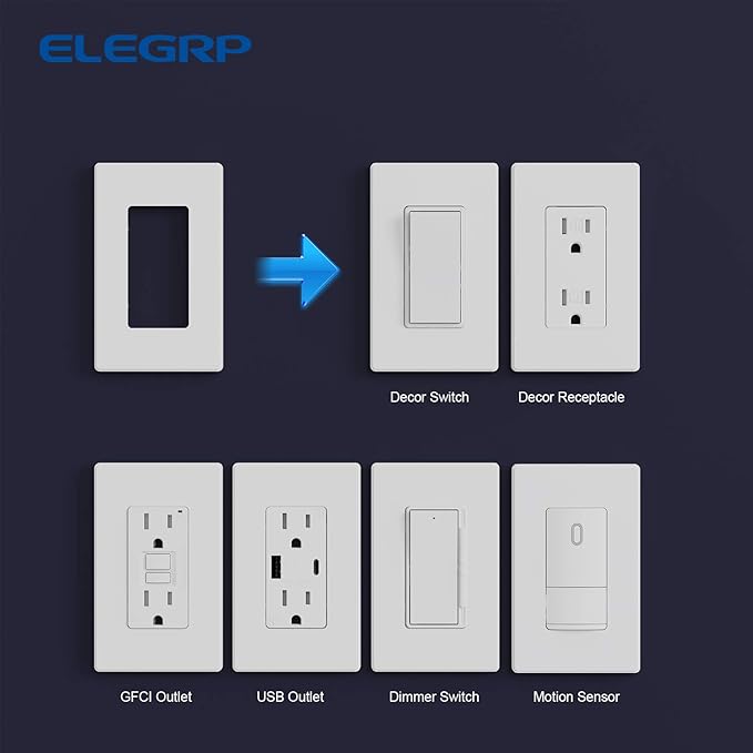 ELEGRP Matte White 1-Gang Screwless Decorative Wall Plates, Standard Size Unbreakable Thermoplastic Faceplate Cover for Decorator Receptacle Outlet Switch, UL Listed (100 Pack)