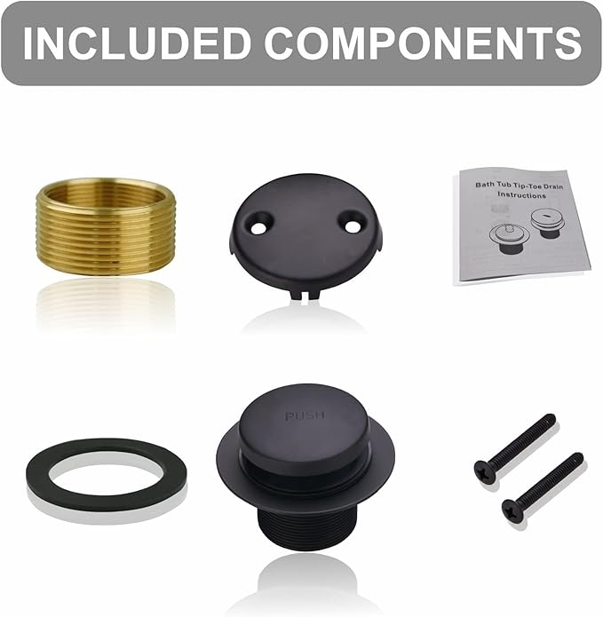 Black Bathtub Drain Tip Toe Tub Conversion Kit, Replacement Bath Tub Drain Trim Kit with Two-Hole Overflow Faceplate and Universal Fine/Coarse Thread Assembly, Matte Black
