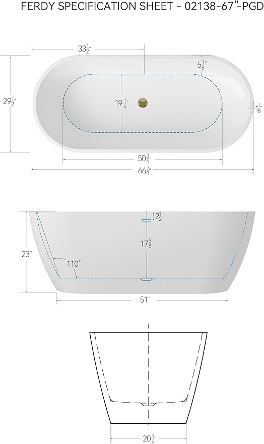 FerdY 67" Bali Elite Acrylic Freestanding Bathtub, Gracefully Shaped Freestanding Soaking Bathtub, cUPC Certified, Toe-Tap Polished Gold Drain and Minimalist Linear Design Overflow Included
