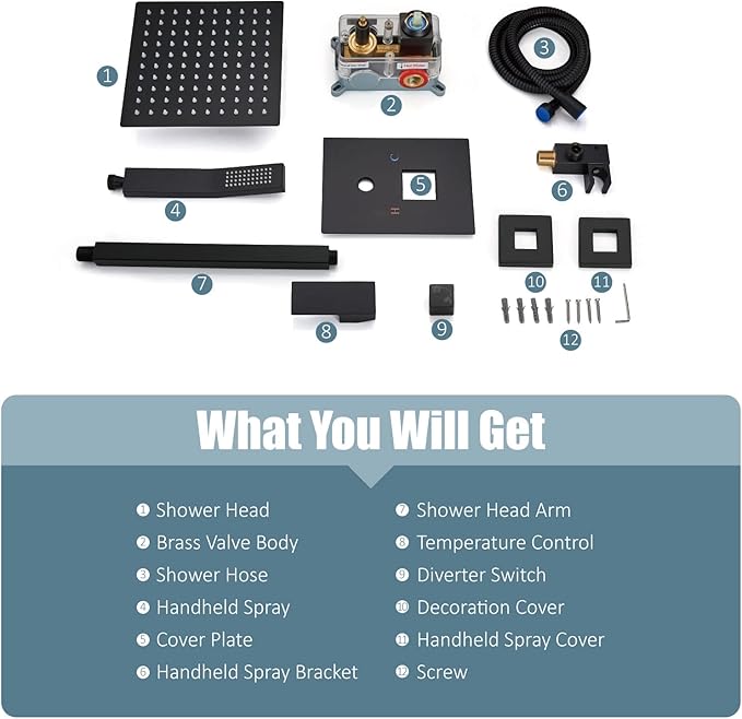 Aolemi Ceiling Mount Shower System Rain Shower Head with Handheld Spray High Pressure Shower Faucet Set Rough-in Valve Shower Trim Kit Included Bathroom Matte Black 10 Inch Ceiling Shower Head