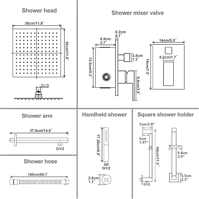 Hoimpro 12 Inch Matte Black Shower System with Adjustable Slide Bar, Square Rain Shower Head and Wand Wall Mounted, Rainfall Shower Faucet Fixture Combo Set, 2 in 1 Handheld Showerhead for Bathroom