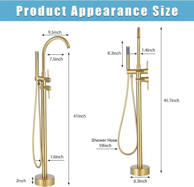 Floor Mount Bathtub Faucet,Freestanding Tub Faucet ,High Flow Dual Function 360 Degree Rotating Tube and Handheld Water Outlet (Brushed Gold)