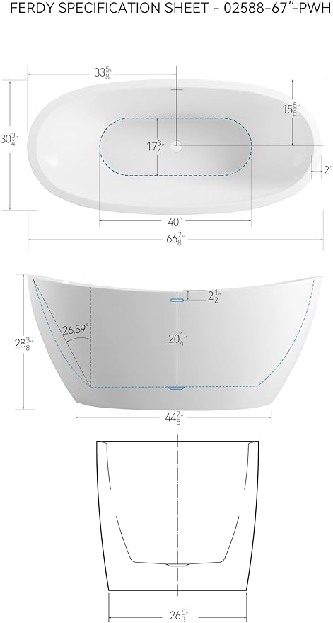 FerdY Naha 67" Freestanding Bathtub, Curve Edge Soaking Bathtub with Polished White Drain and Minimalist Linear Design Overflow, Easy to Install