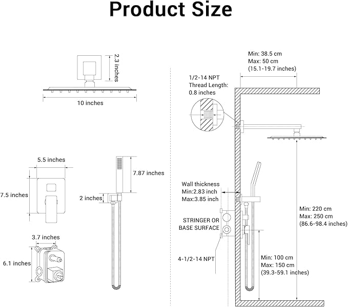 Shower Faucet set with Shower head, Wall Mount 10 Inch Square Rainfall Shower Head and Handle Set Single Handle Shower System Set with Female Threads Valve Body and Trim Included(Matte Black)