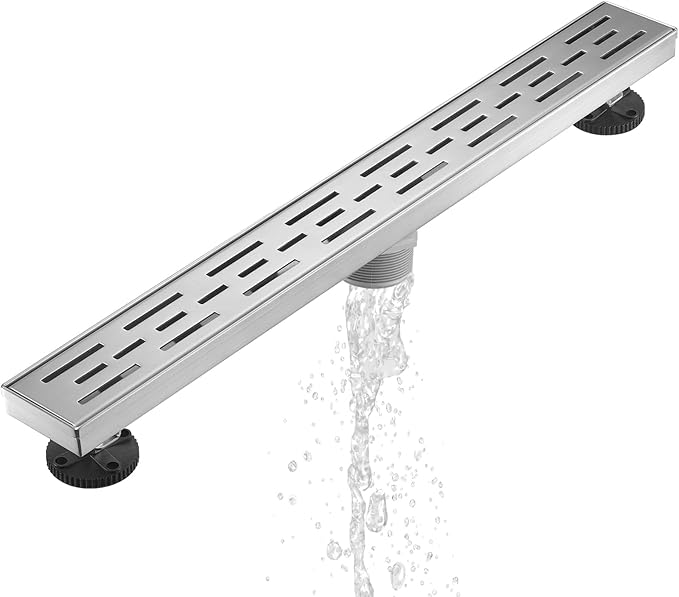 Sharp-tec Linear Shower Drain, 32 inch Shower Drain with Removable Pattern Cover, Brushed Nickel 304 Stainless Steel Rectangle Floor Drain, Adjustable Feet and Hair Strainer Included (Model 101)