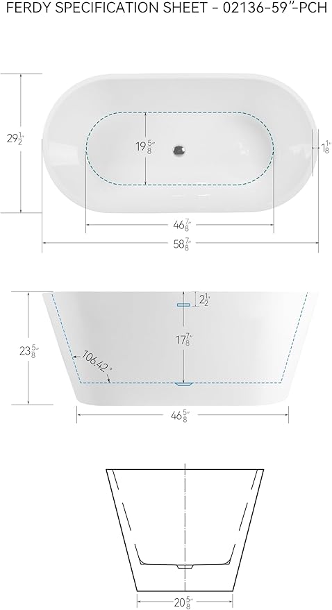 FerdY 59" Shangri-La Elite, Acrylic Freestanding Bathtub, Modern & Contemporary Design Soaking Tub with Polished Chrome Pop-Up Drain and Minimalist Design Overflow, Glossy White, cUPC Certified