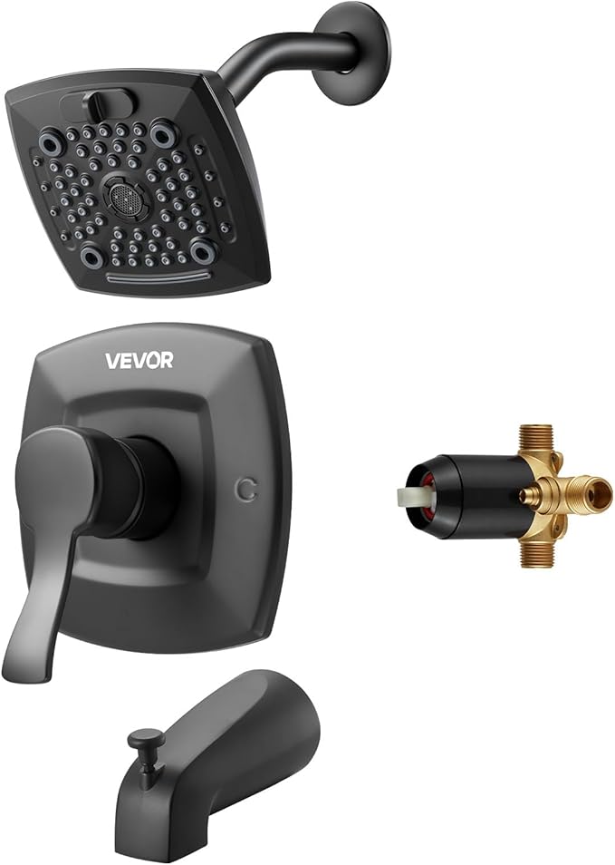 VEVOR Tub and Shower Faucet Set, Complete with 5.1-Inch Rainfall Shower Head and Bathtub Spout, 5-Setting Adjustable Spray, Single-Handle Tub Trim Kit with Brass Pressure Balancing Valve, Matte Black