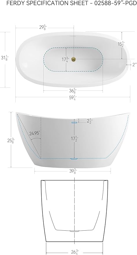 FerdY Naha 59" Acrylic Freestanding Bathtub, Curve Edge Freestanding Soaking Bathtub, Glossy White, cUPC Certified, Brushed Gold Drain & Minimalist Linear Design Overflow Included, 02588