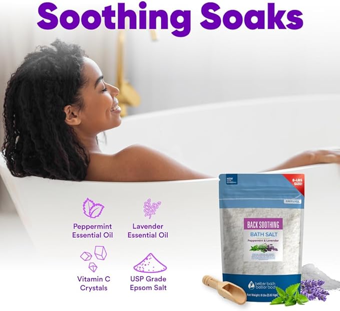 Back Soothing Bath Salt 128 Ounces (8 Lbs) USP Grade Epsom Salt with Natural Peppermint and Lavender Essential Oils Plus Vitamin C Made with Natural Ingredients