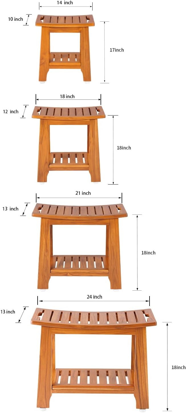 24" Large Teak Shower Bench with Shelf & Handle - Waterproof Spa Stool, Non-Slip Leveling Feet & 300 lbs Capacity - for Showers, Saunas/Steam Rooms & Outdoor Pools (Patented)