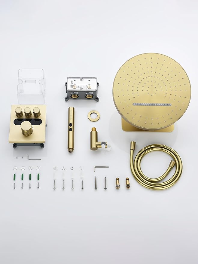 Lefton Shower System in Fahrenheit Display (Battery-free), 13” Overhead Round Rainfall Shower Head with All-in-one Handheld Spray Showerhead, 4-in-1 Control System, SSWM2501 (Brushed Gold)