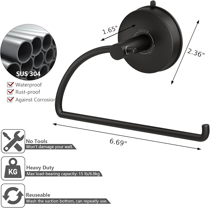 DGYB Suction Cup Hand Towel Ring Black Hand Towel Holder for Bathroom Wall SUS 304 Stainless Steel Kitchen Towel Hanger