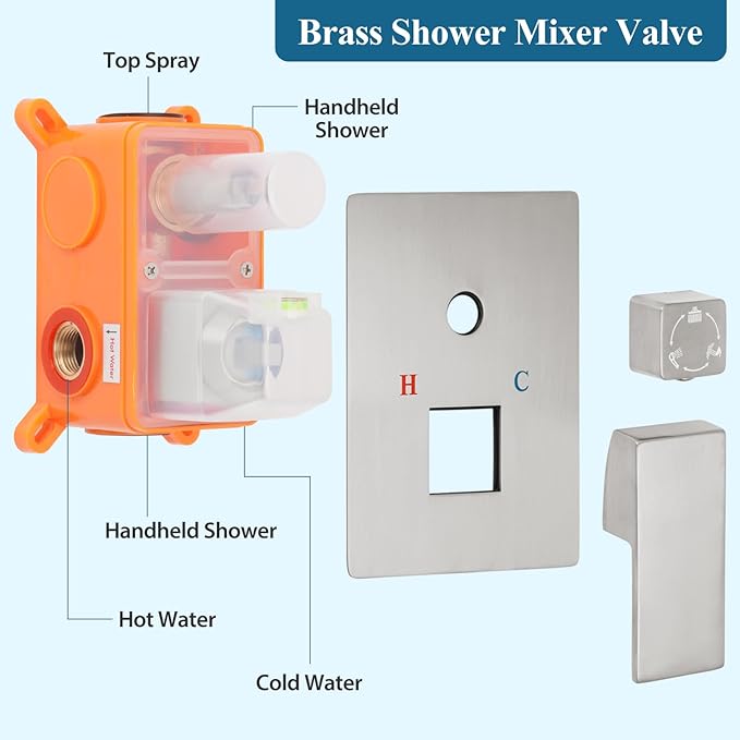 12 inch Square Shower Head and Handheld Set, Gasecoet Shower System with Tub Spout Wall Mounted Shower Faucet for Bathroom - Brushed Nickel (With Shower Valve)