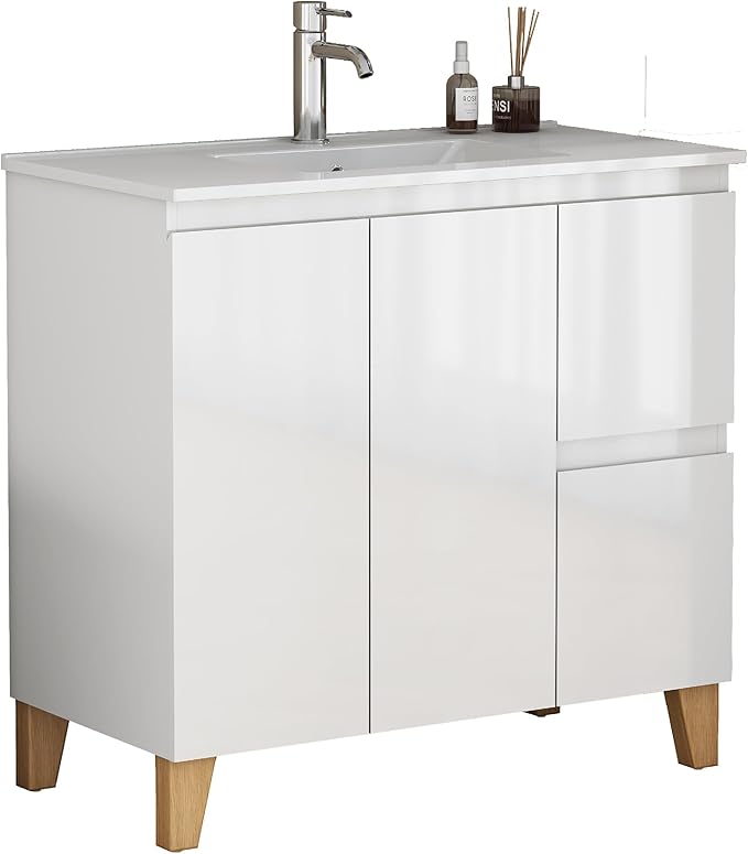 36" Freestanding Bathroom Vanity with Sink, High Gloss White Cabinet, Mid-Century Solid Wood Legs, 2 Doors & 2 Side Drawers, Scandi Modern Storage for Master Bath