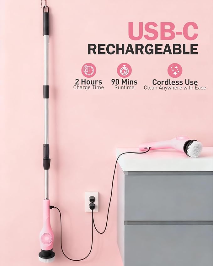 Electric Spin Scrubber, 3-Speed Cordless Shower Scrubber with 90° Adjustable & 10 Replaceable Brush Heads, 90 Mins Runtime & Full-Body IPX7 Waterproof Shower Cleaner Brush with Long Handle
