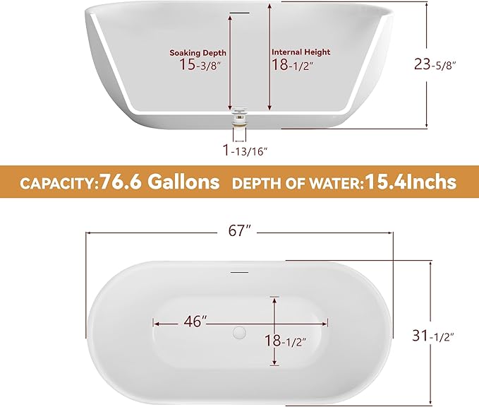 67" Free Standing Tub, Pure Acrylic Freestanding Bathtub, Stylish Stand Alone Tub, Contemporary Deep Soaking Bath Tub, cUPC Certified SY6870 (Glossy White)