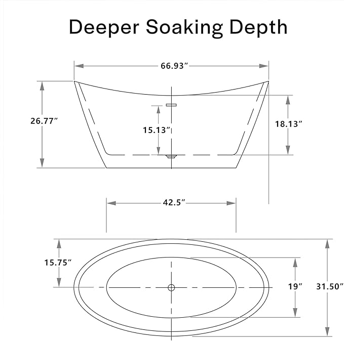 67" Luxury Freestanding Bathtub - Deep Soak Acrylic Tub for Master Bathroom, Modern Standalone Shower Tub with Overflow Drain, Non-Slip Flat Bottom Design, Spa Experience at Home,cUPC Certified