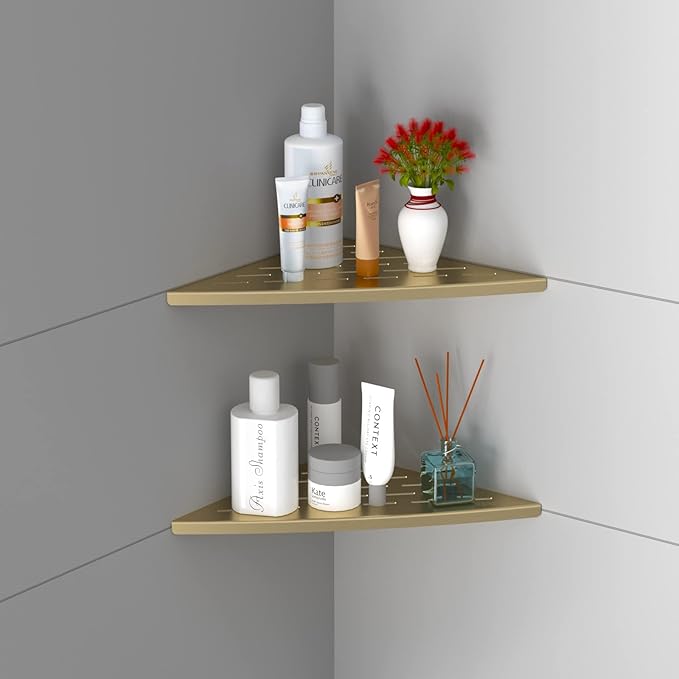 Corner Shower Shelf Brushed Golden, 304 Stainless Steel 11.5” Recessed Corner Shelf Bathroom for Tiled Wall, Floating Shower Shelves Shampoo Holder, No Drilling, 2 Pack