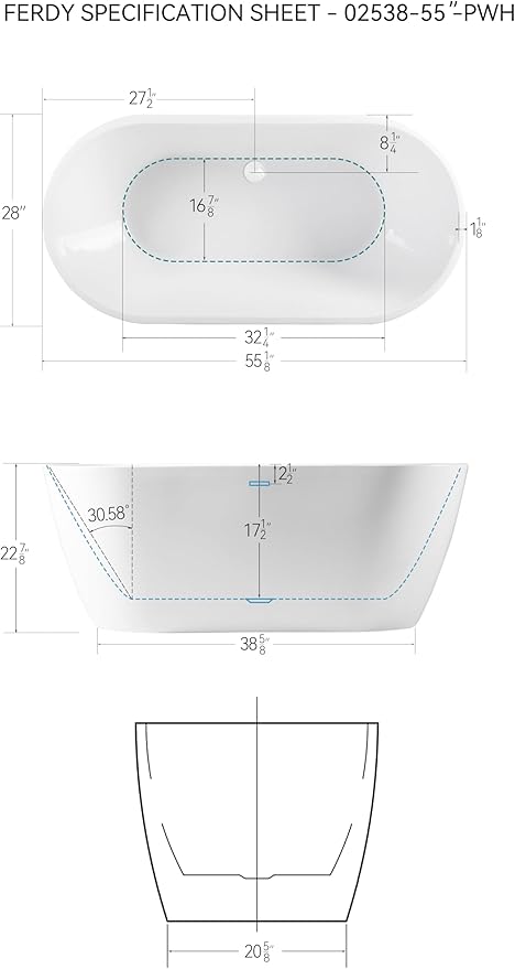FerdY Bali 55" Freestanding Bathtub, Glossy White Freestanding soaking tub with Polished White Drain & Integrated Slotted Overflow, cUPC Certified