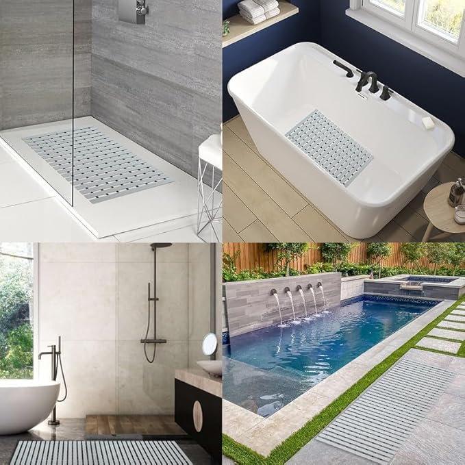 Bath Mat Non Slip Shower Mat Bathtub with Drain Holes and Heavy Duty Rubber No Suction Cups Sturdy Shower Stall Tub Mat for Bathroom, Shower Floor, Pool, SPA, (Grey, 4FT X 41FT)
