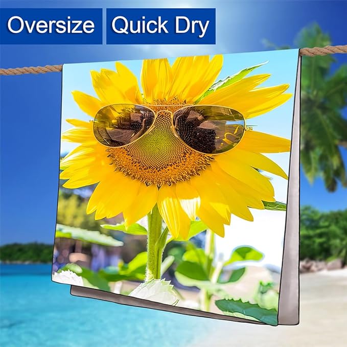 Vibrant Sunflower Beach Towel 36"x72" Quick-Dry Soft Microfiber with Sunlit Blue Sky Design