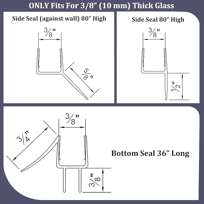 Shower Door Seal Strips – Includes 1 PC 36" Bottom Seal and 2 PCs 80" Side Seals for 3/8" (10mm) Glass – Ultra Clear Polycarbonate Shower Door Sweep and Side Seals Kit